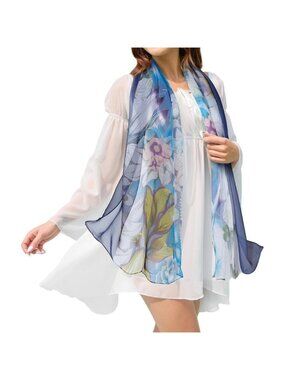 Women's Navy 1 Fashion Lightweight Head Scarf Floral Print Chiffon Scarves